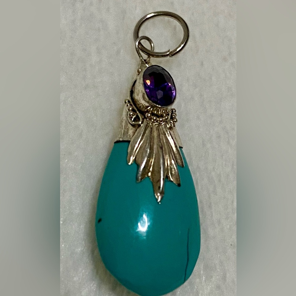 Silver and Turquoise Pendant with Purple Gemstone